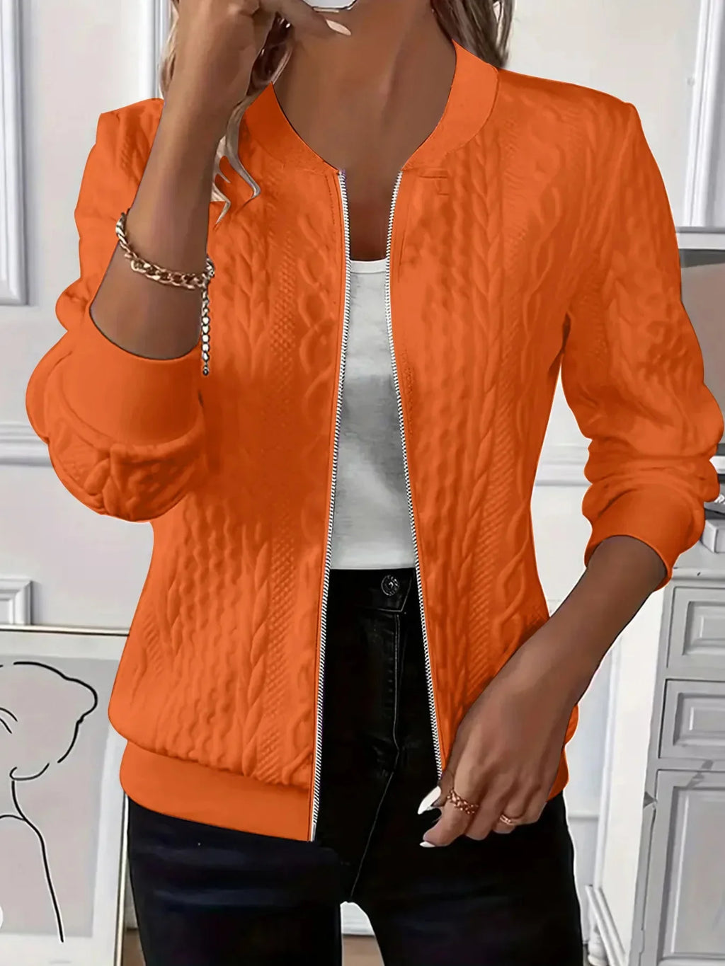 Women's Textured Bomber Jacket with Zip Closure
