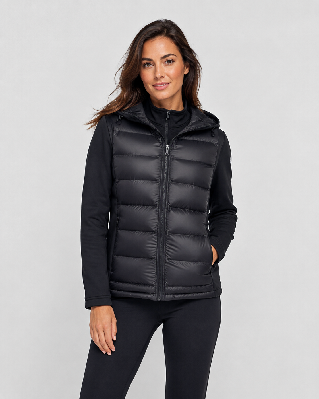 Women's Black Quilted Puffer Jacket with Hood and Zip Front