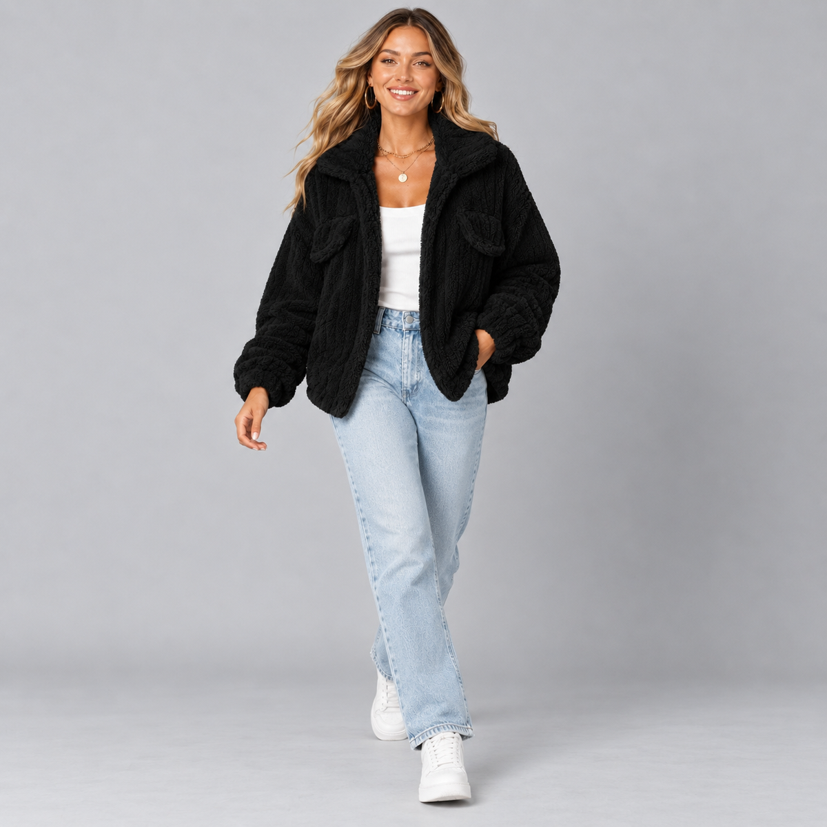 Women's Oversized Teddy Fleece Borg Jacket with Collar and Zip Front