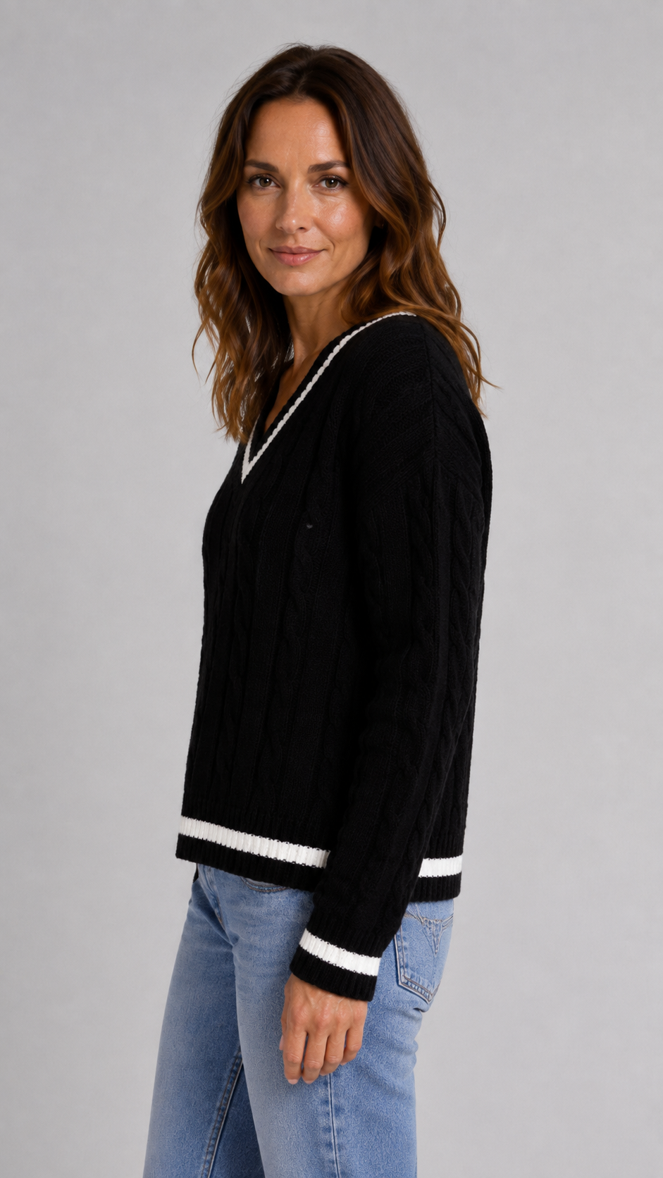 Women's Cable Knit Jumper with V Neck