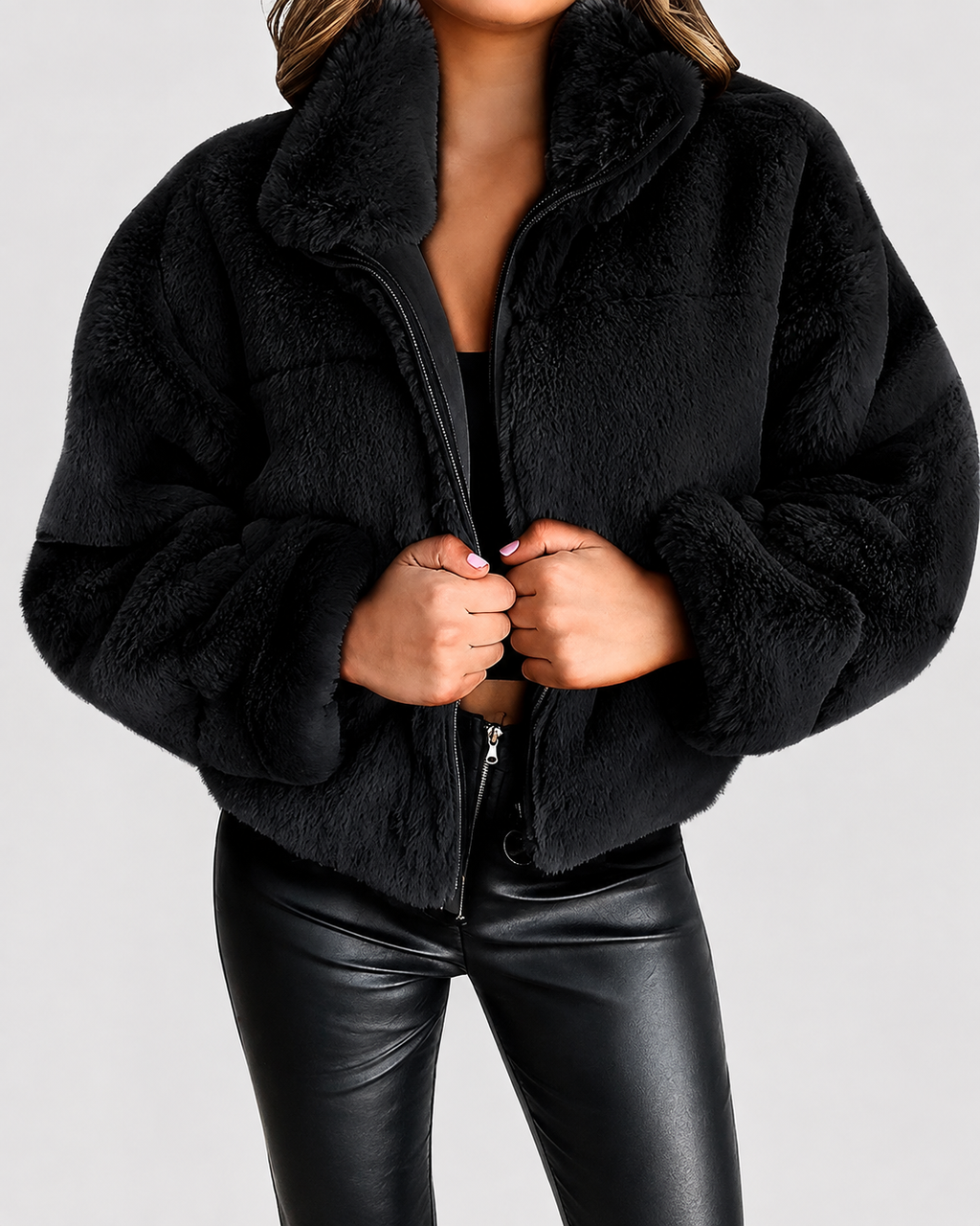 Women's Oversized Faux Fur Jacket with Stand Collar and Zip Front