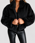 Women's Oversized Faux Fur Jacket with Stand Collar and Zip Front