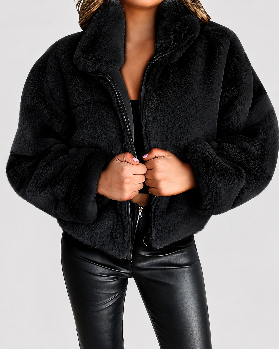Women's Oversized Faux Fur Jacket with Stand Collar and Zip Front
