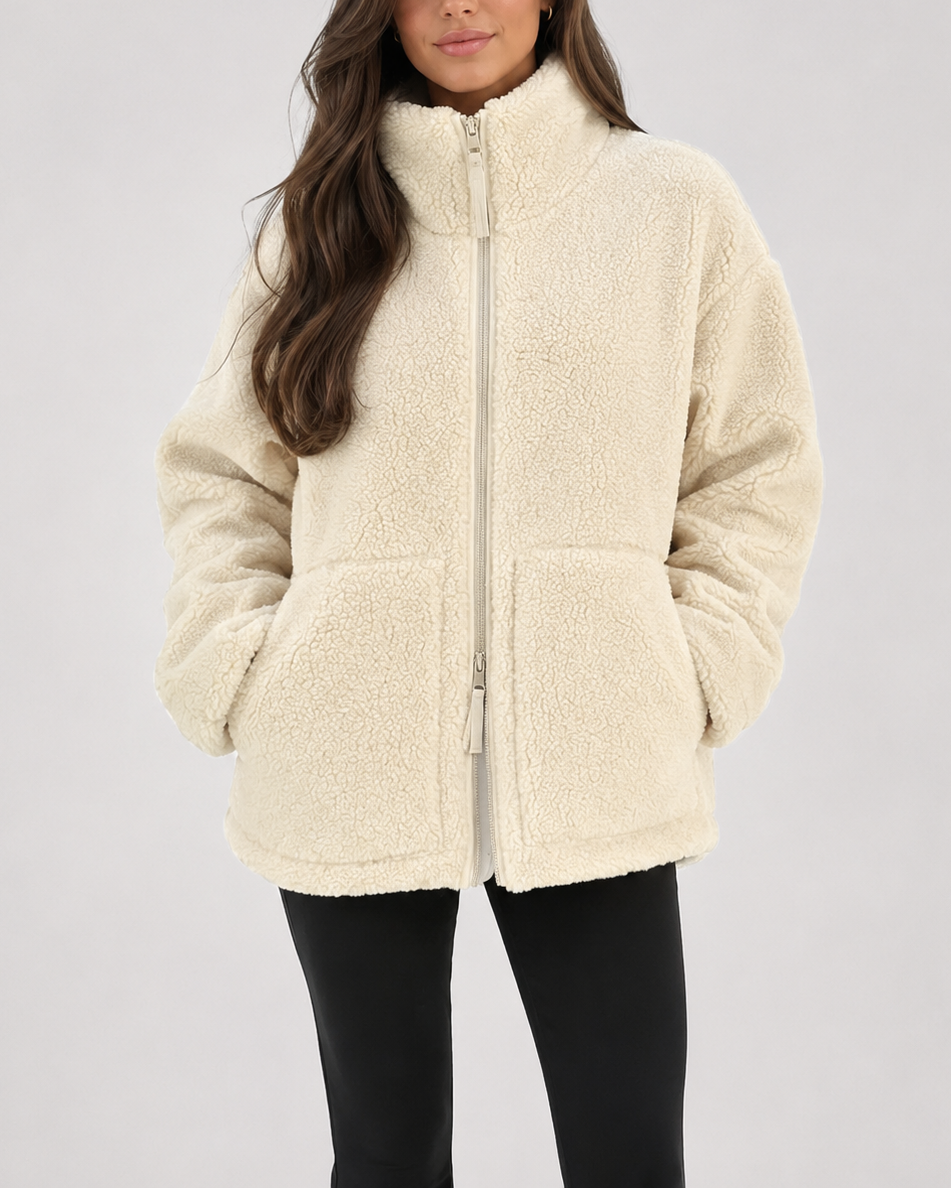 Women's Oversized Teddy Fleece Jacket with Stand Collar and Zip Front
