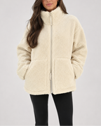 Women's Oversized Teddy Fleece Jacket with Stand Collar and Zip Front
