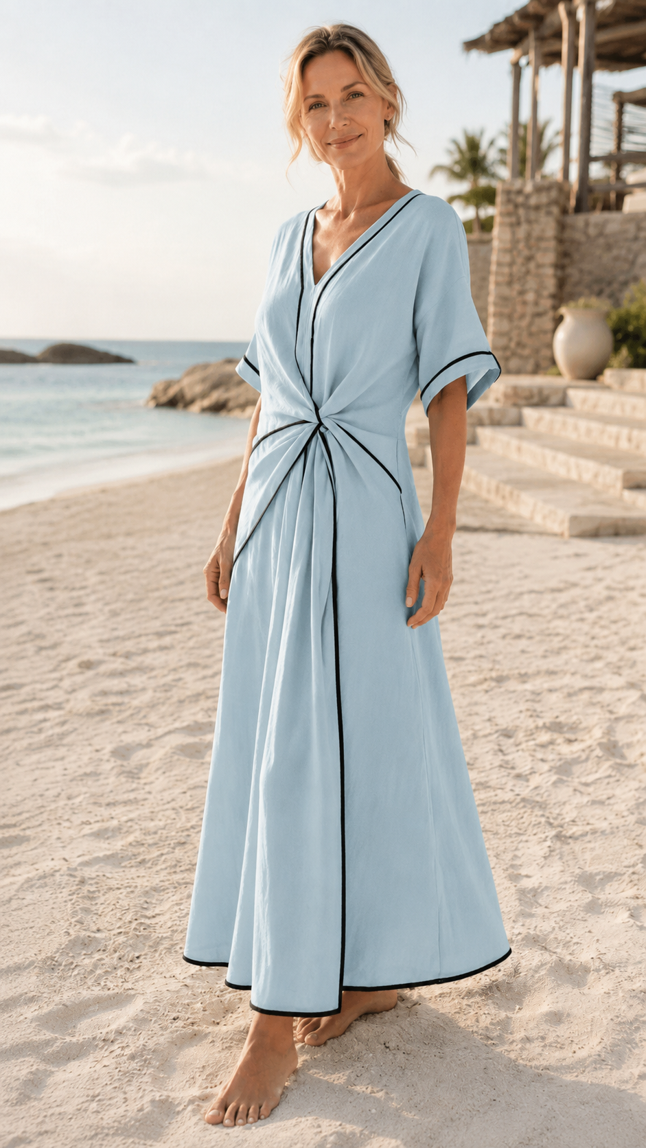 Women's Twist Front Maxi Dress | V Neck Short Sleeve Summer Dress