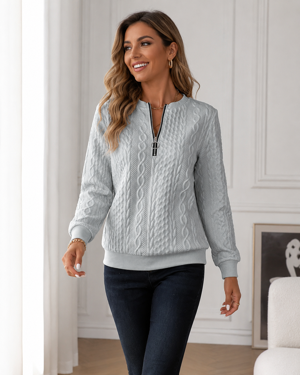 Women's Half Zip Jumper | Ring Pull Cable Knit Ribbed Sweater