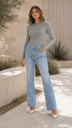 Women's Long Sleeve Top | Ribbed Crew Neck Fitted Basic Top