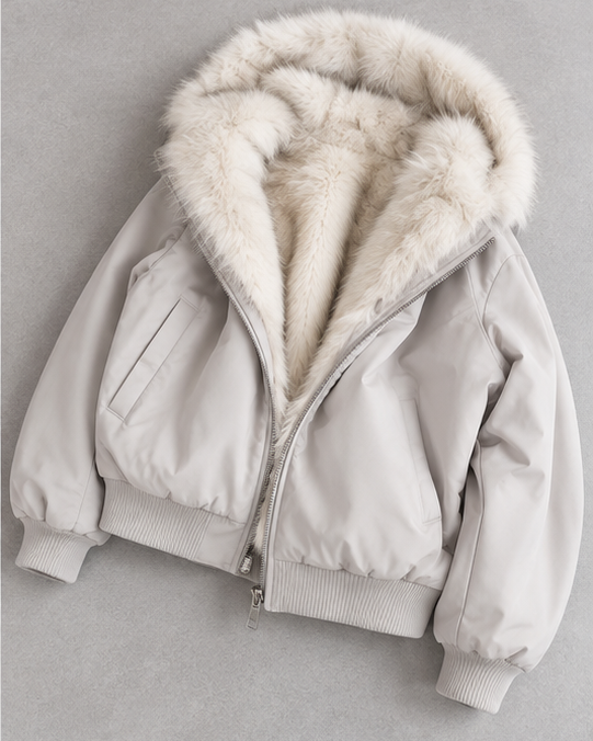 Women's Faux Fur Lined Bomber Jacket with Hood and Zip Front