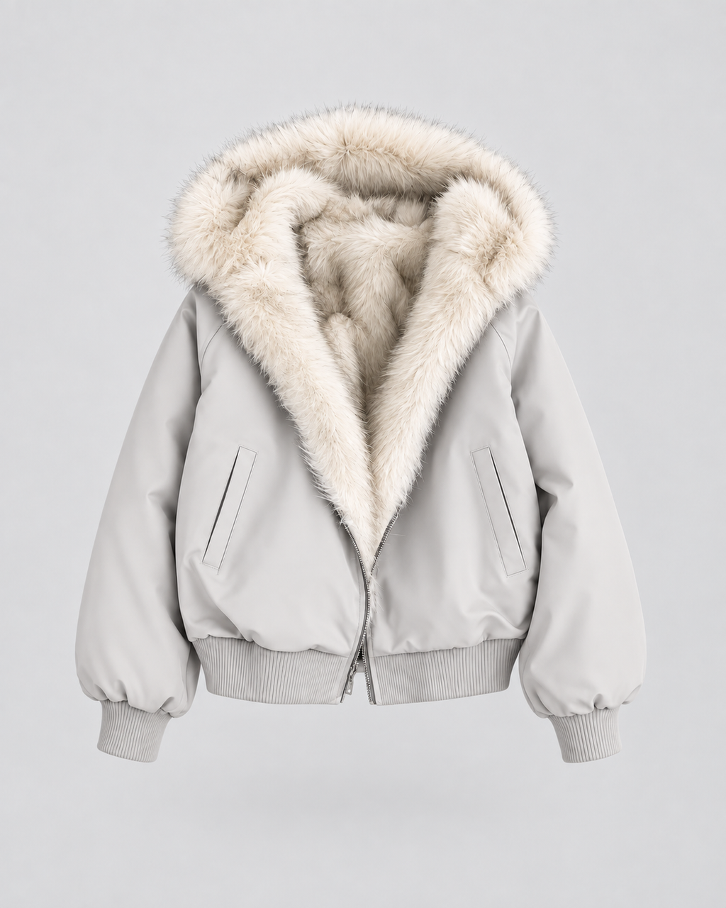 Women's Faux Fur Lined Bomber Jacket with Hood and Zip Front