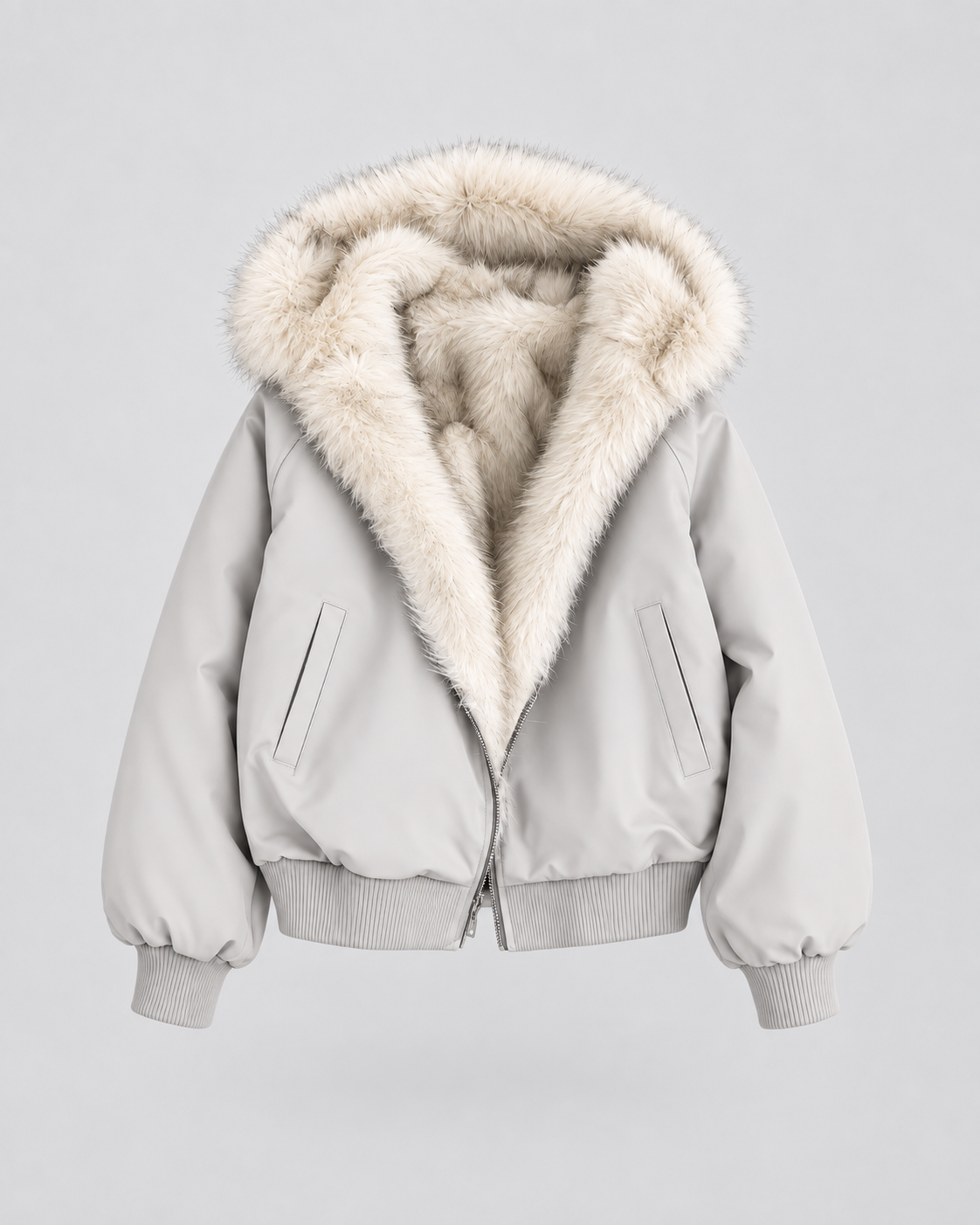 Women's Faux Fur Lined Bomber Jacket with Hood and Zip Front