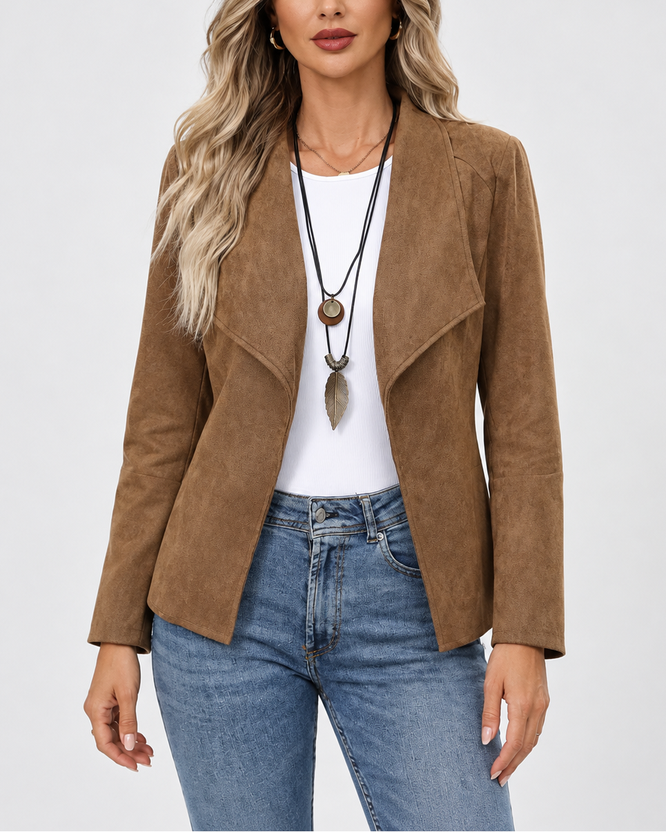 Women's Slim Fit Suede Style Jacket with Waterfall Collar and Open Front