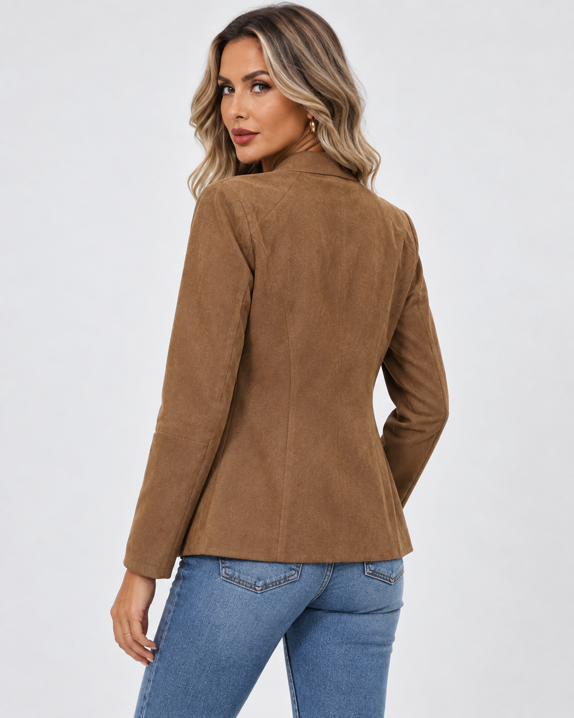 Women's Slim Fit Suede Style Jacket with Waterfall Collar and Open Front