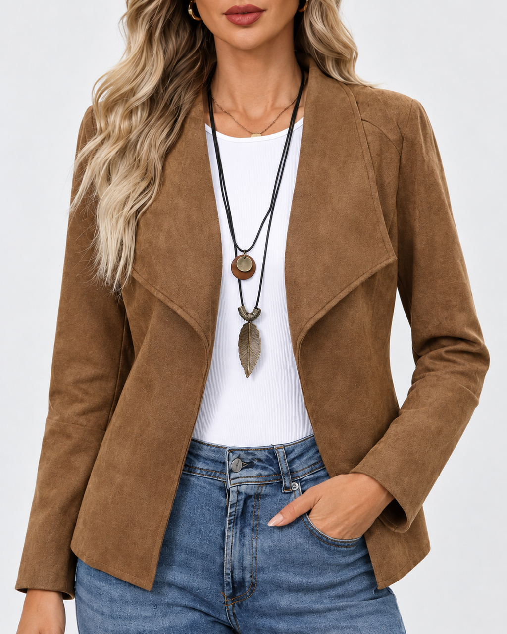 Women's Slim Fit Suede Style Jacket with Waterfall Collar and Open Front