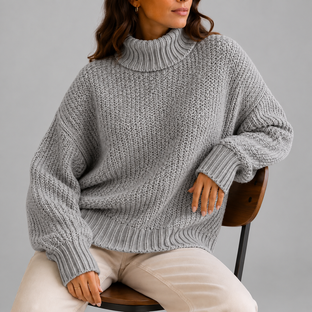 Women's chunky turtleneck knit jumper in gray