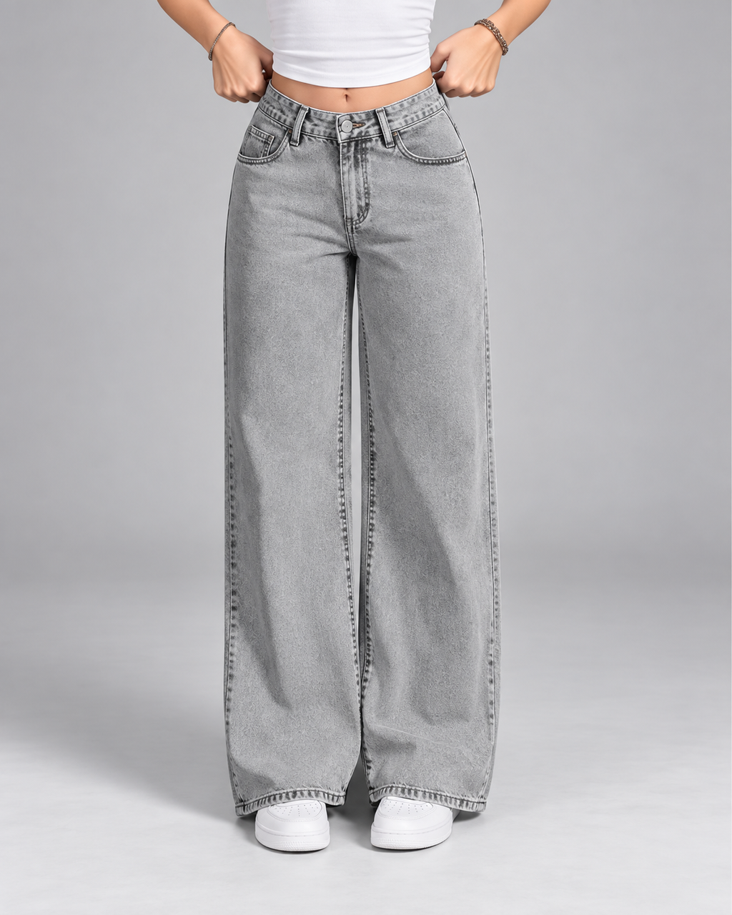 Women's Wide Leg Jeans with Mid Rise and Faded Grey Wash