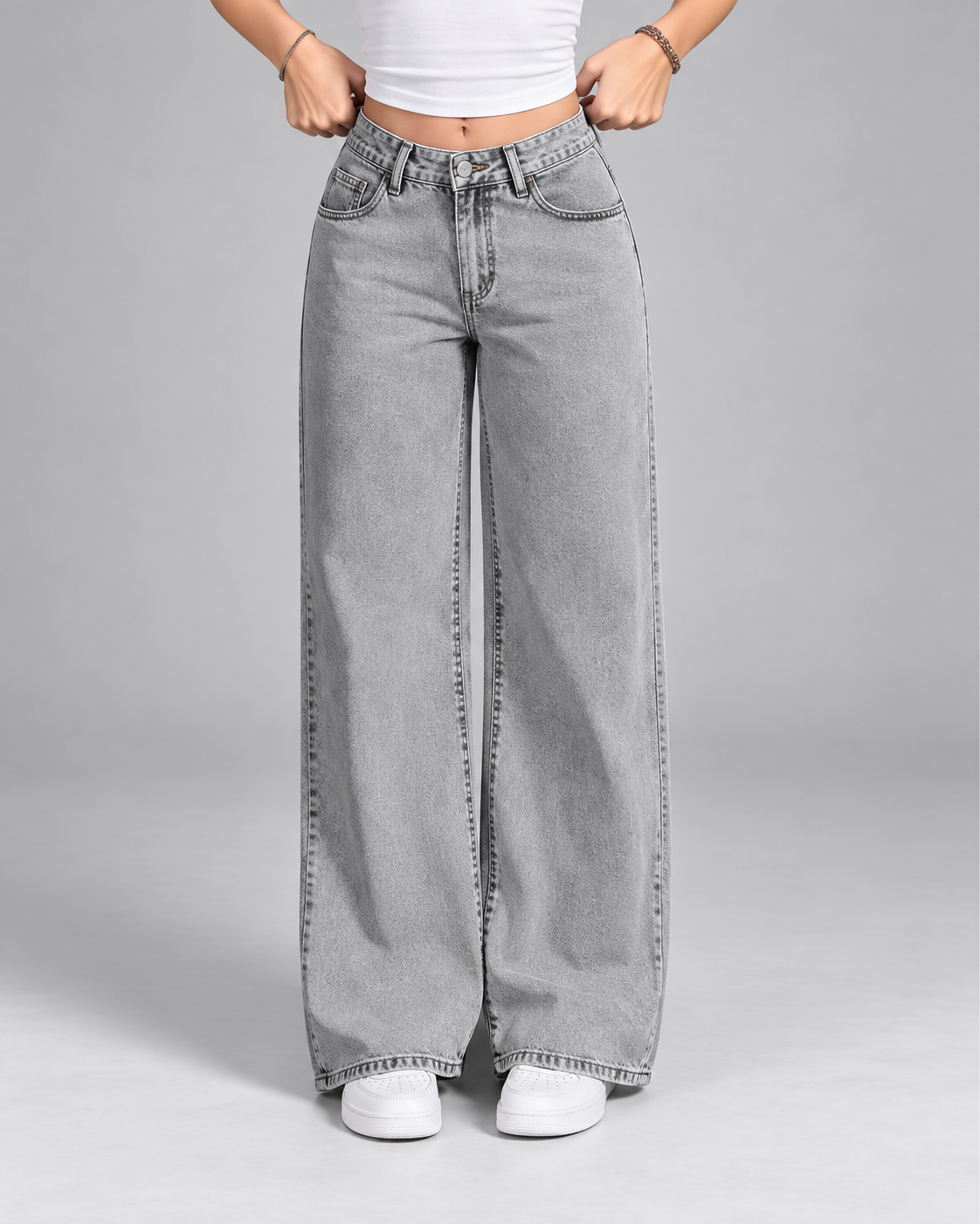 Women's Wide Leg Jeans with Mid Rise and Faded Grey Wash