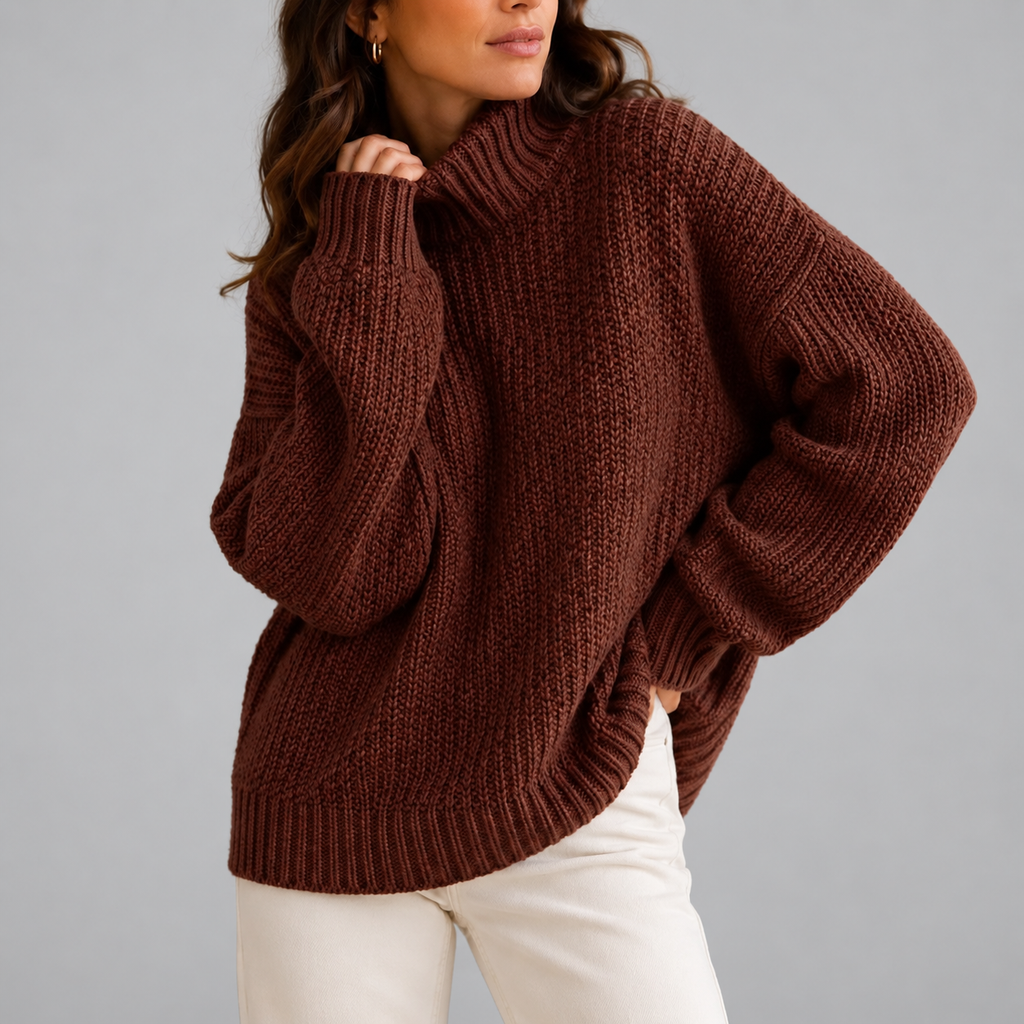 Women's chunky turtleneck knit jumper in brown
