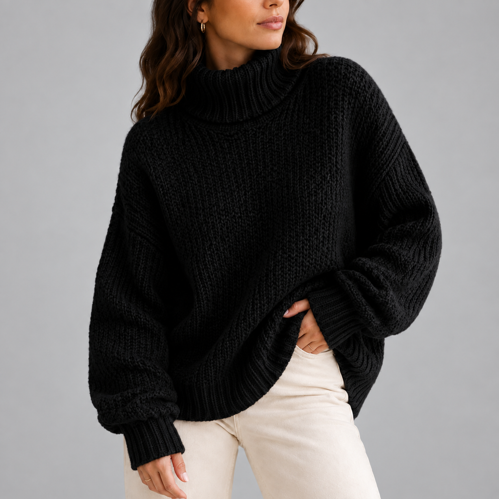 Women's chunky turtleneck knit jumper in black