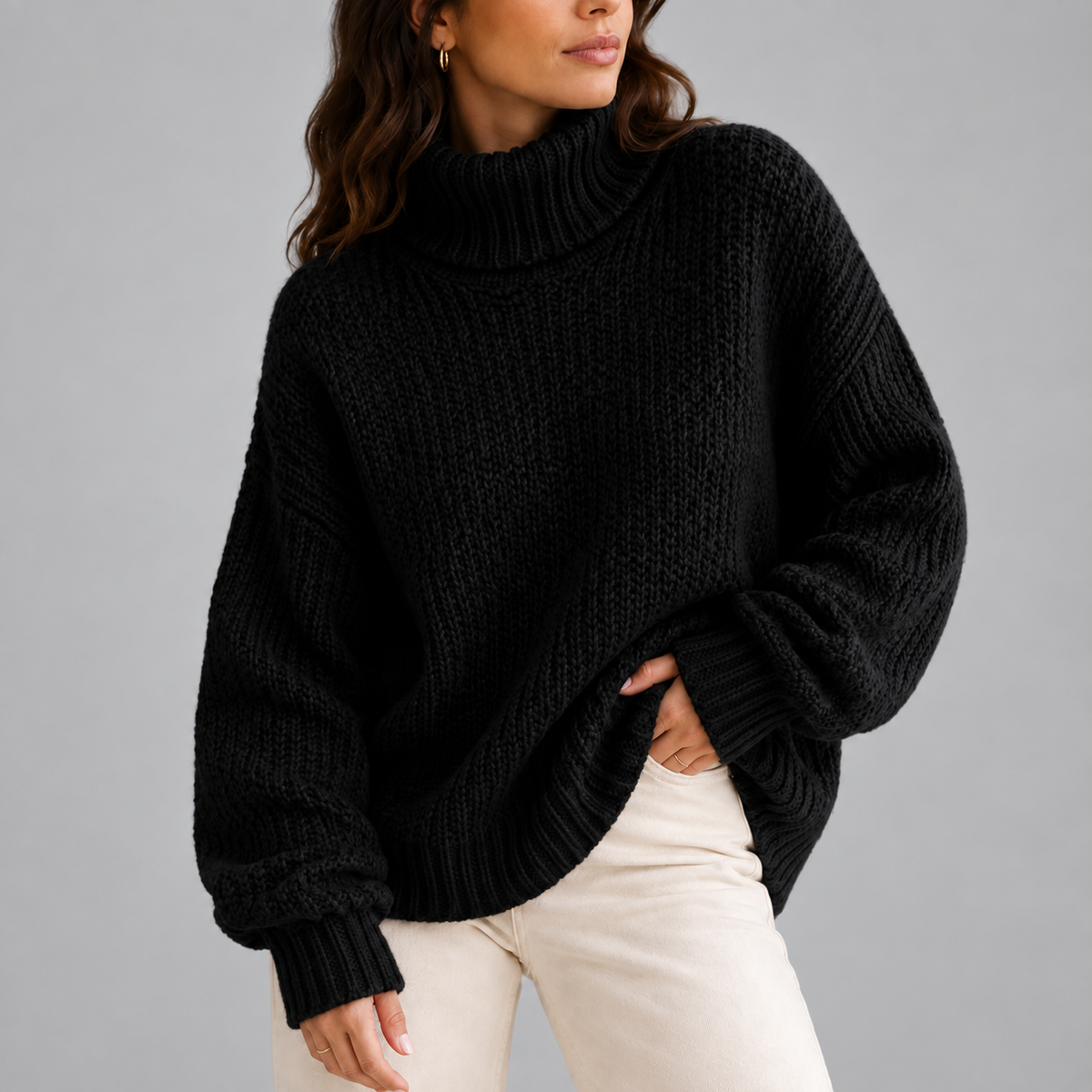 Women's chunky turtleneck knit jumper in black