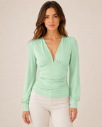 Women's Deep V Neck Blouse | Ruched Waist Long Sleeve Satin Top