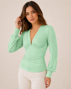 Women's Deep V Neck Blouse | Ruched Waist Long Sleeve Satin Top