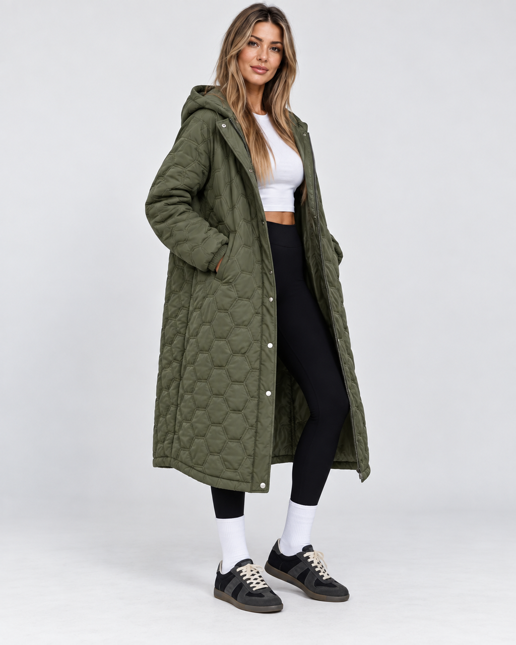 Women's Longline Quilted Hooded Coat with Zip Front and Snap Buttons
