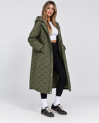 Women's Longline Quilted Hooded Coat with Zip Front and Snap Buttons