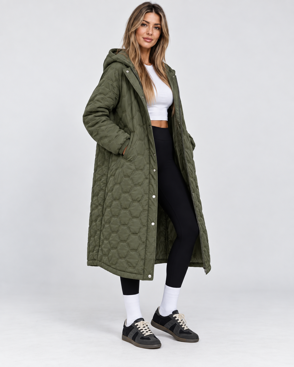 Women's Longline Quilted Hooded Coat with Zip Front and Snap Buttons
