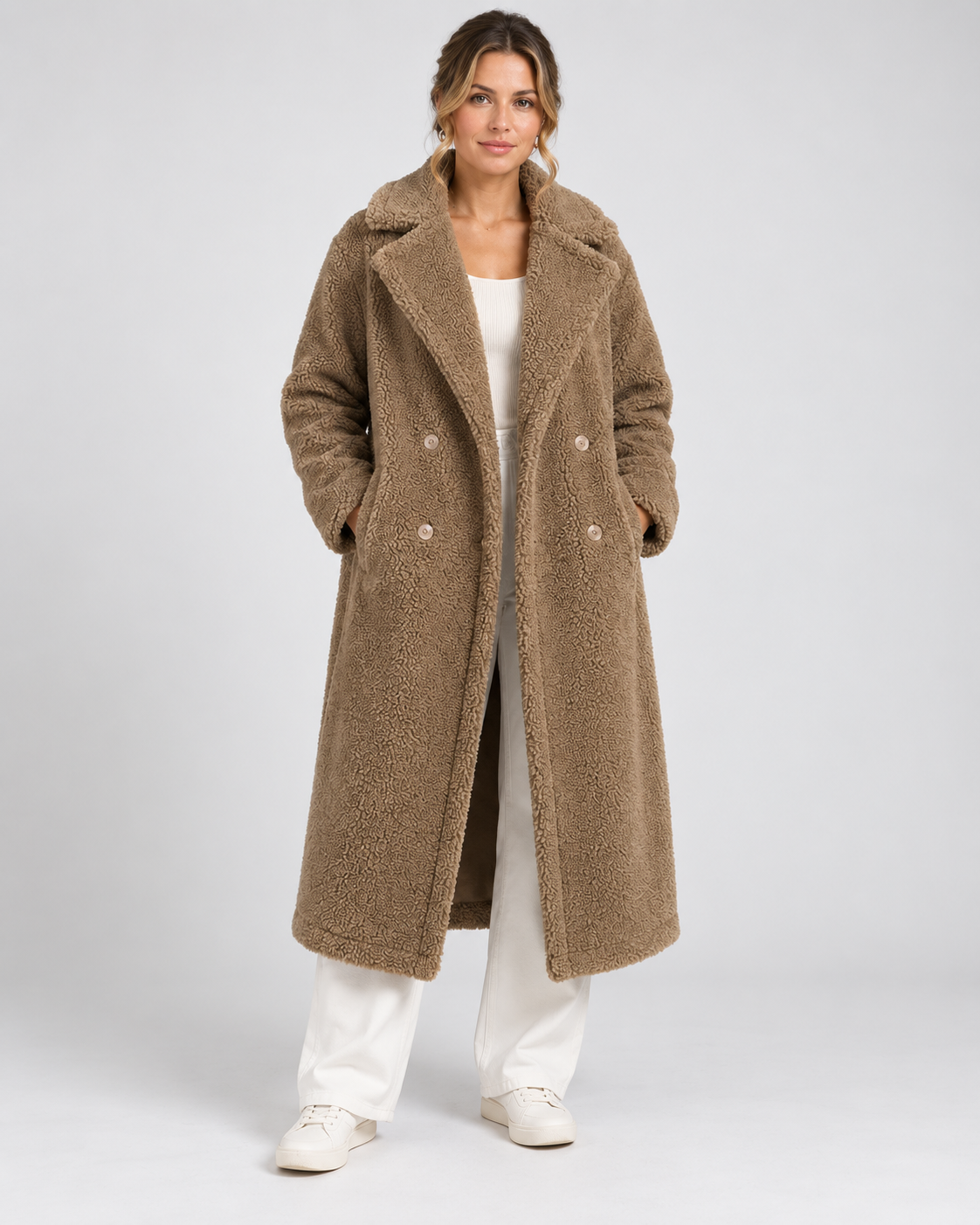 Women's Longline Teddy Fleece Coat with Double Breasted Front