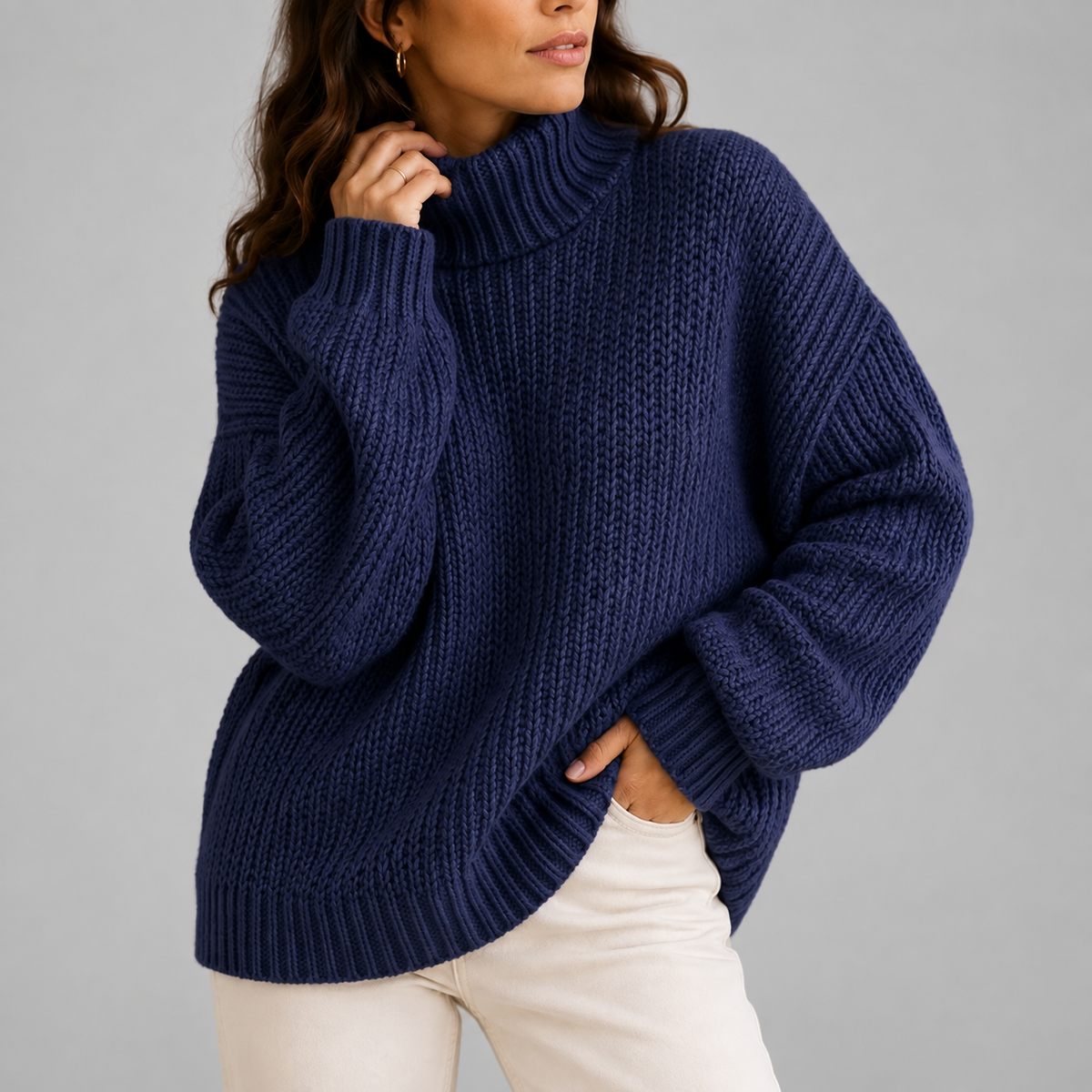 Women's chunky turtleneck knit jumper in navy