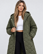 Women's Longline Quilted Hooded Coat with Zip Front and Snap Buttons