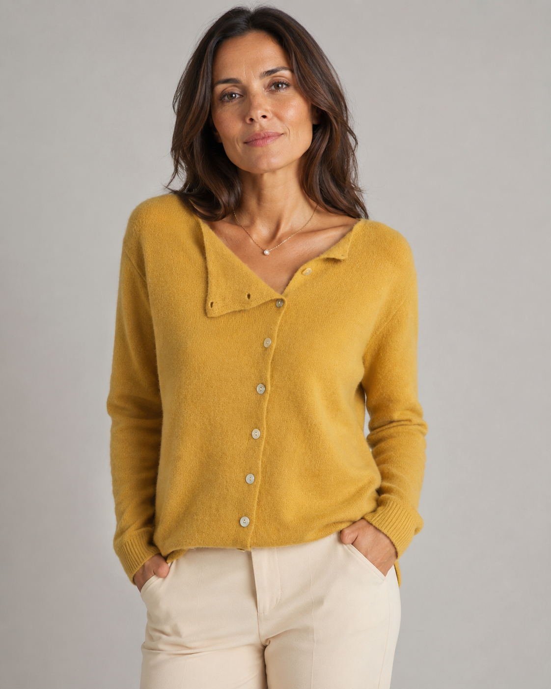 Women's Soft Knit Cardigan | Asymmetric Button Up Round Neck