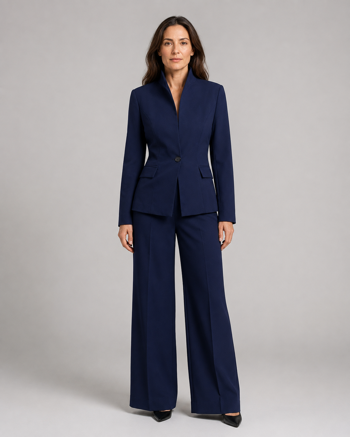 Women's Trouser Suit | Stand Collar Blazer & Flared Trousers Two Piece Set
