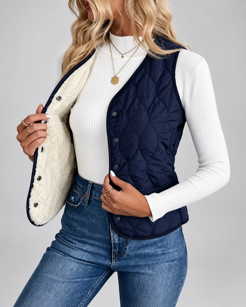 Women's Quilted Gilet with Fleece Lining and Button Front