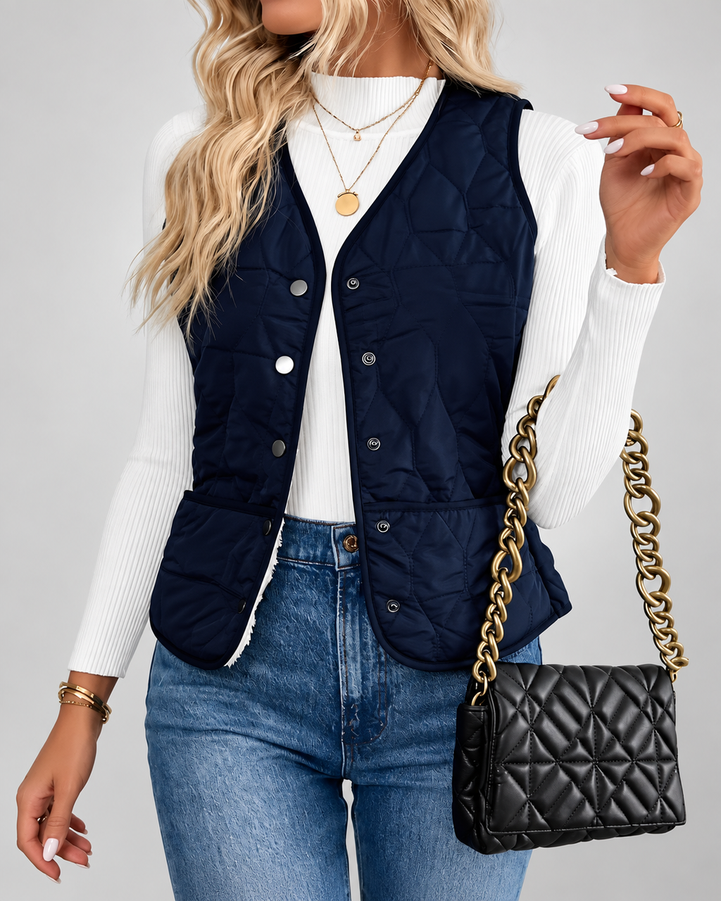 Women's Quilted Gilet with Fleece Lining and Button Front