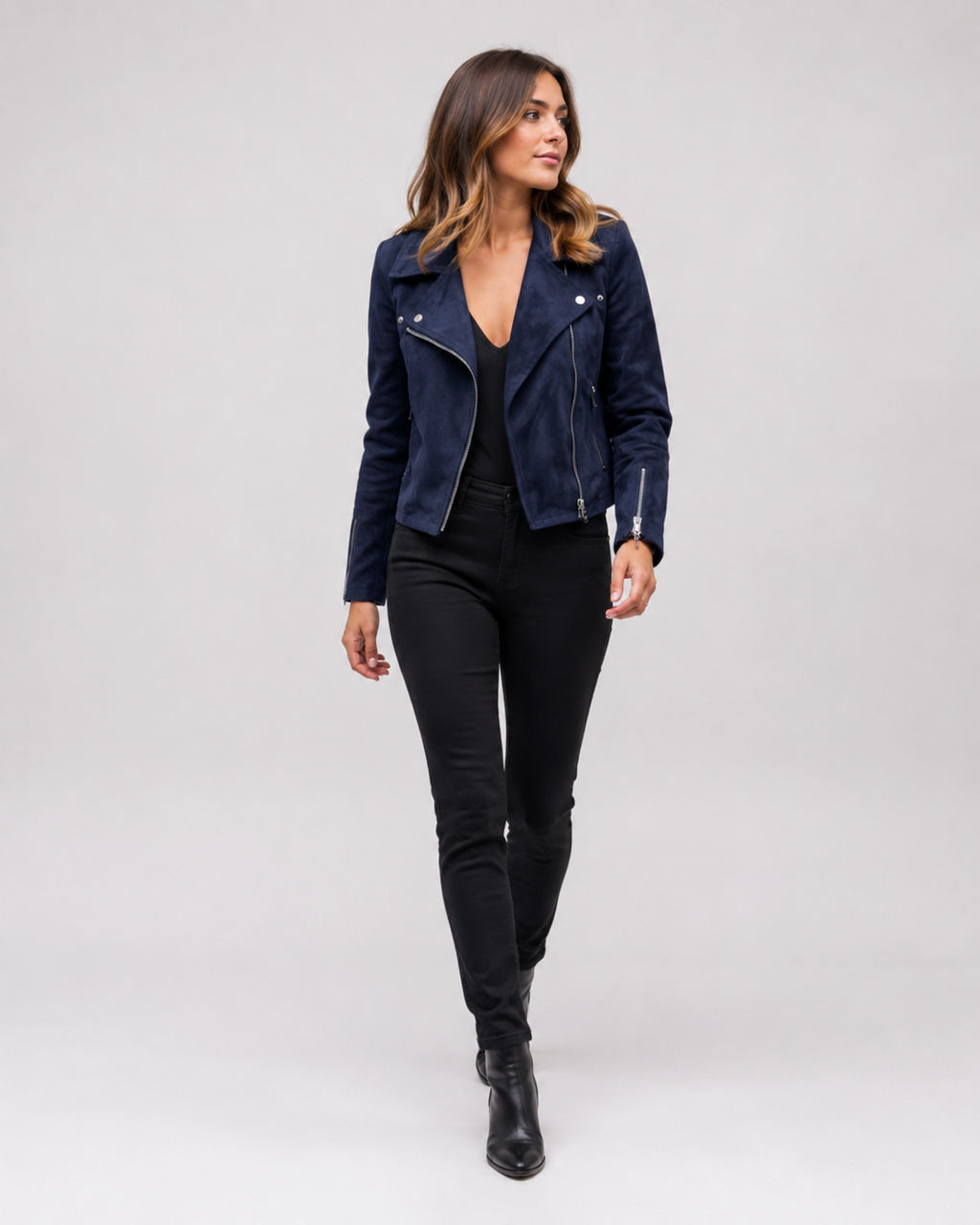 Women's Cropped Suede Look Jacket | Zip Front Lapel Collar Moto Biker Jacket