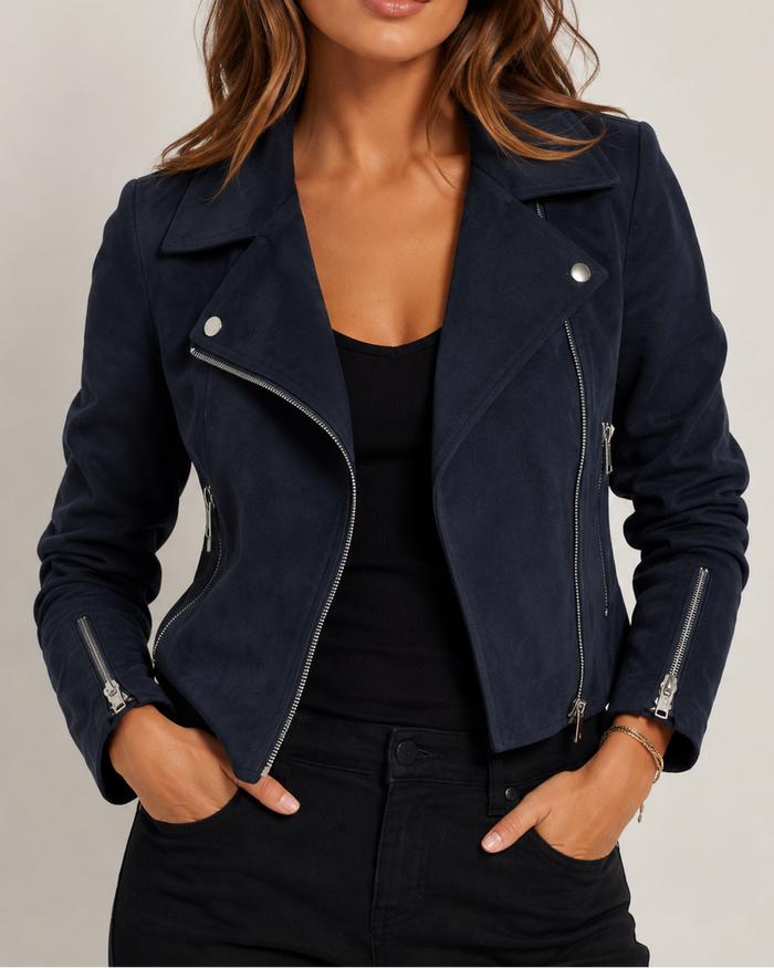 Women's Cropped Biker Jacket with Suede Look and Zip Front