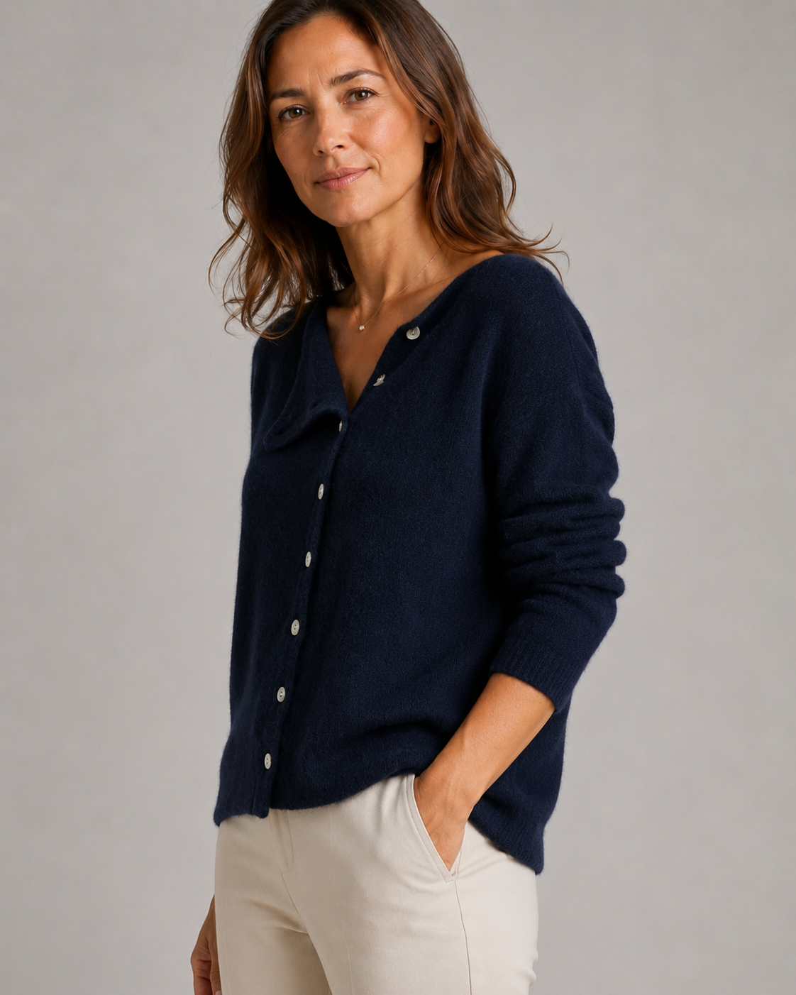 Women's Soft Knit Cardigan | Asymmetric Button Up Round Neck