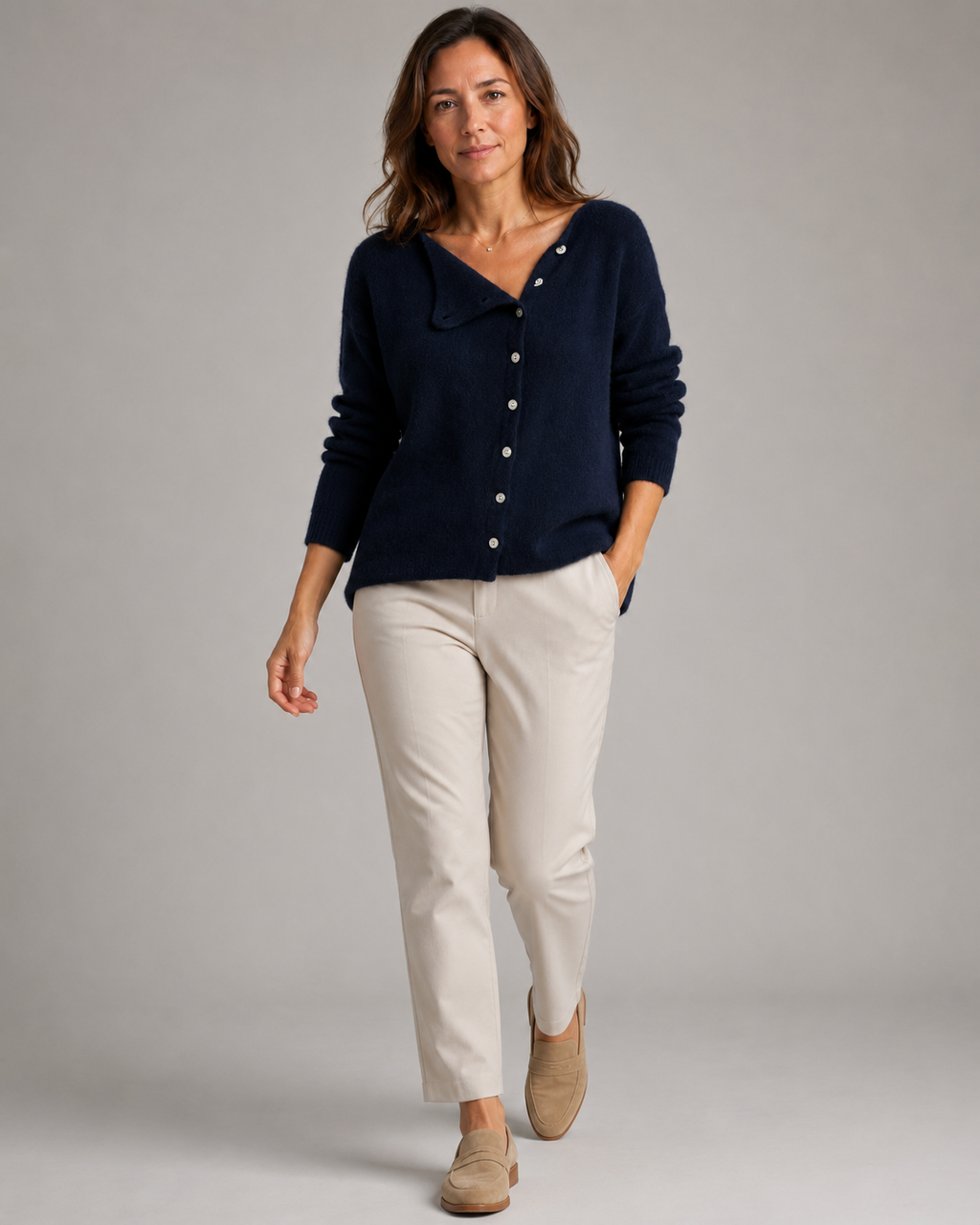 Women's Soft Knit Cardigan | Asymmetric Button Up Round Neck