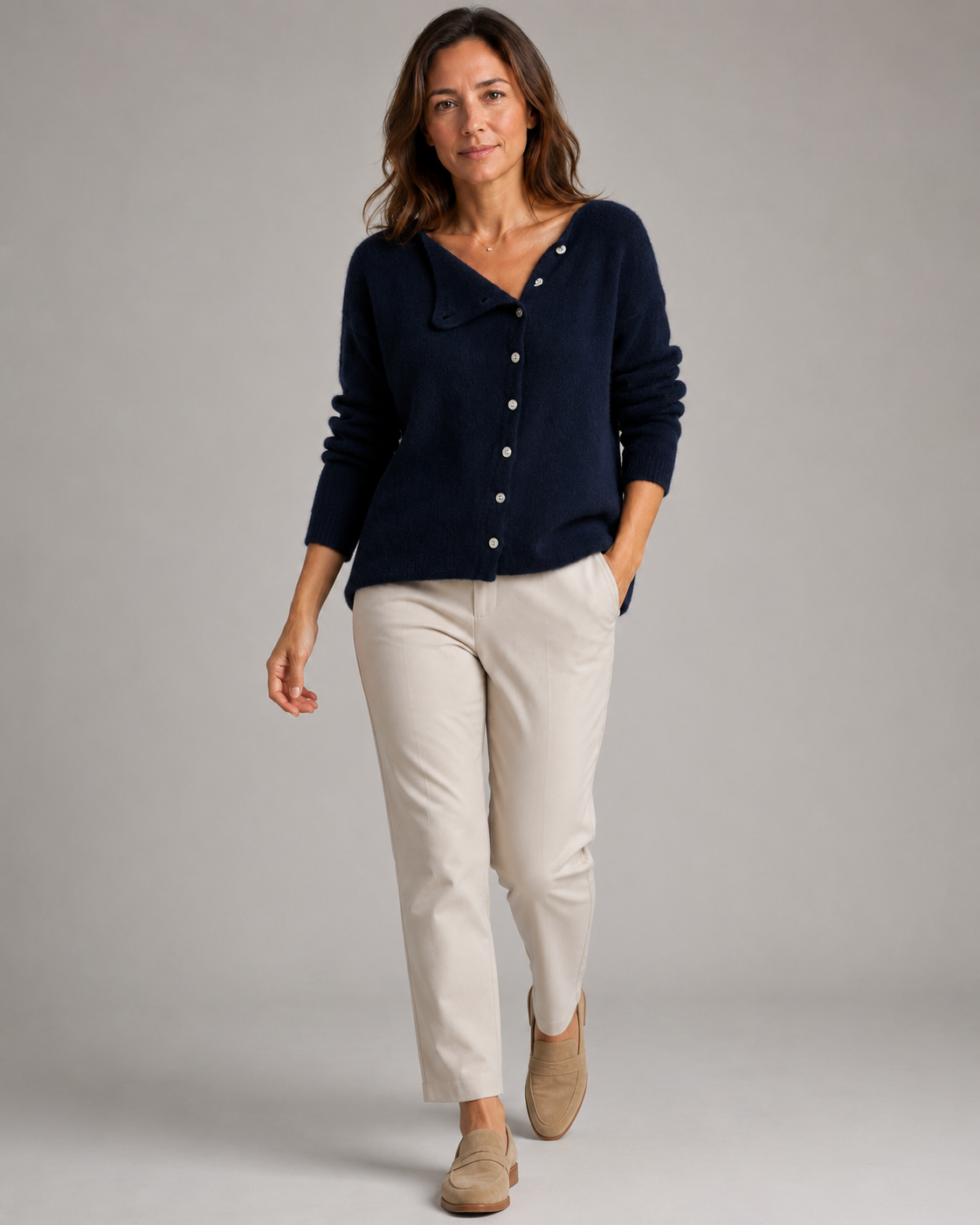 Women's Soft Knit Cardigan | Asymmetric Button Up Round Neck