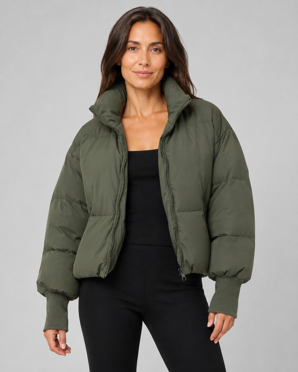 Women's Oversized Puffer Jacket with Stand Collar and Zip Front