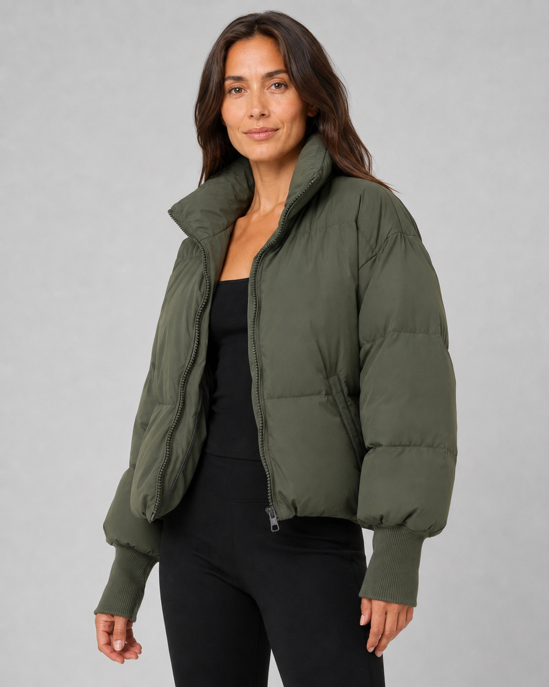 Women's Oversized Puffer Jacket with Stand Collar and Zip Front