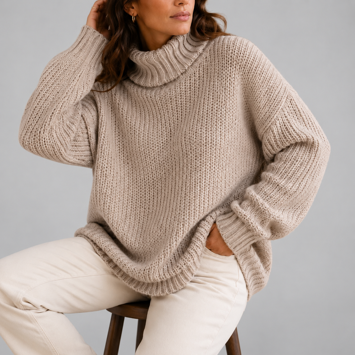 Women's chunky turtleneck knit jumper in khaki