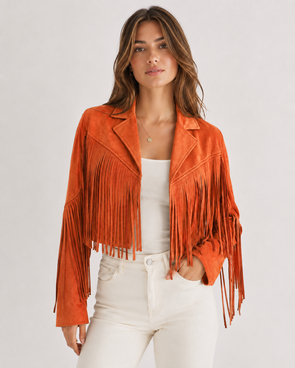 Women's Faux Suede Fringe Jacket | Lapel Collar Open Front Cropped Coat