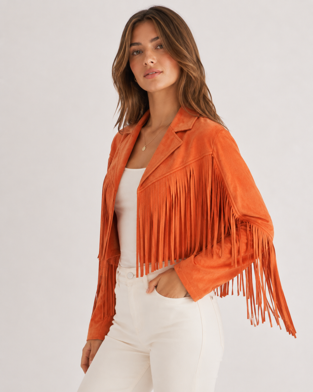 Women's Faux Suede Fringe Jacket | Lapel Collar Open Front Cropped Coat