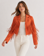 Women's Faux Suede Fringe Jacket | Lapel Collar Open Front Cropped Coat