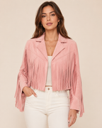 Women's Faux Suede Fringe Jacket | Lapel Collar Open Front Cropped Coat