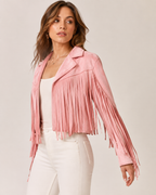 Women's Faux Suede Fringe Jacket | Lapel Collar Open Front Cropped Coat