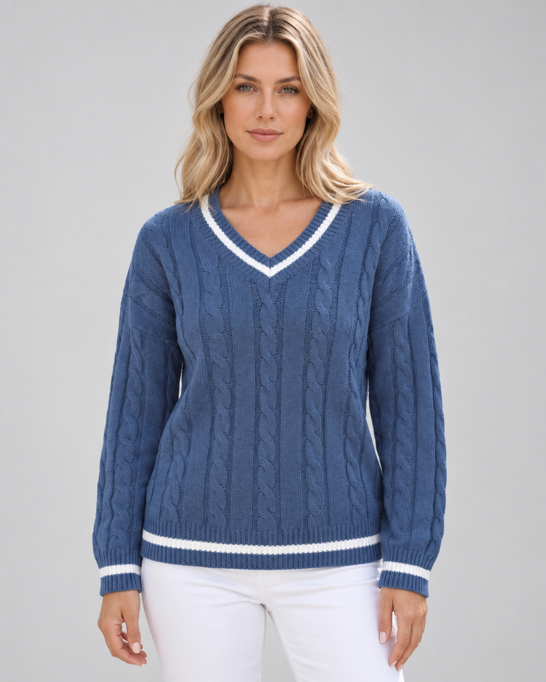 Women's Cable Knit Jumper with V Neck